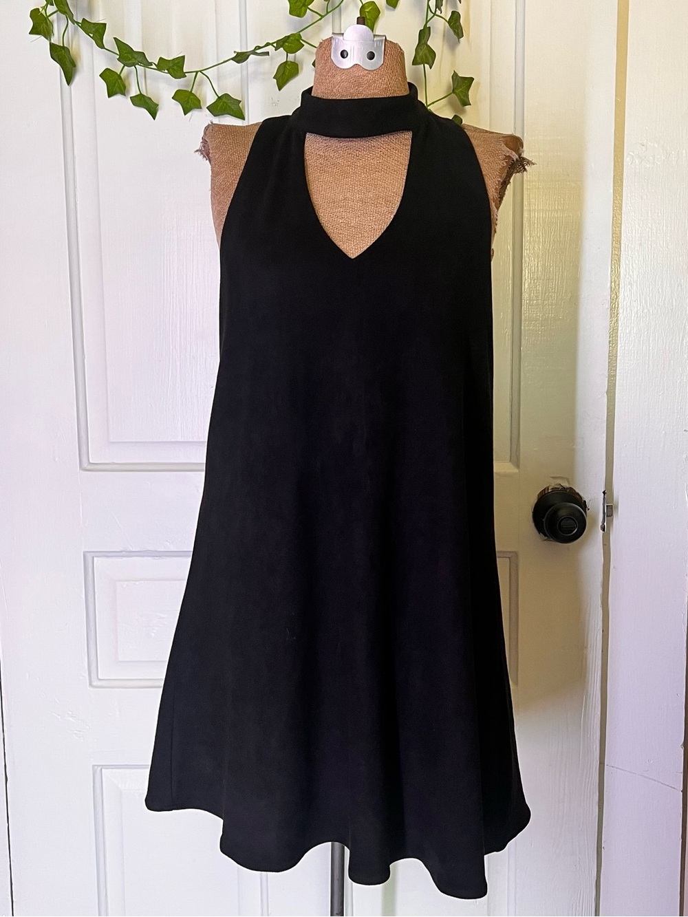 Olivaceous Black V-Neck Faux Suede Choker Dress